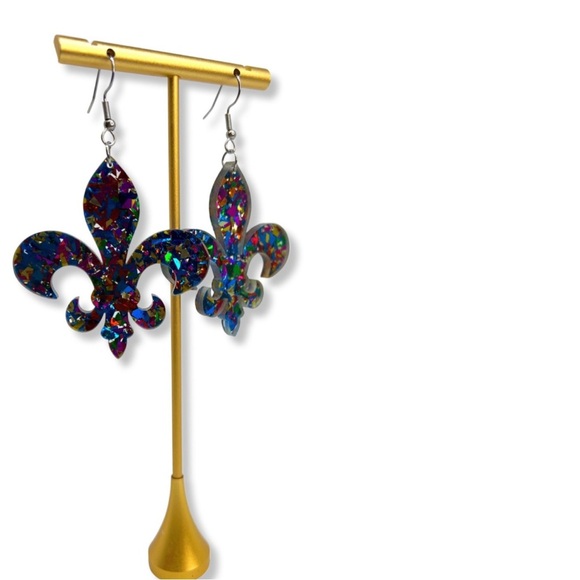 Sparkle and Shine: Dazzling Fleur de Lis Dangle Earrings for Mardi Gras! NWT - Picture 3 of 8
